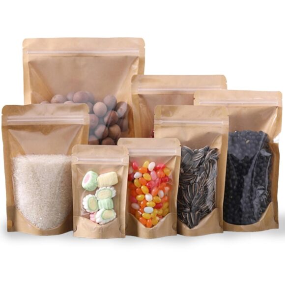 100 Pack Kraft Resealable Bags with Clear Front: Ideal for Bulk Pouches