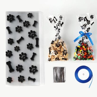 100 Pack Paw Print Cellophane Bags for Dog Treats and Gifts