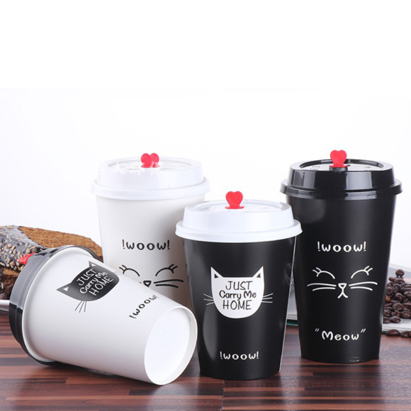 16 Oz Customized White Paper Coffee Cups with Black Dome Lids