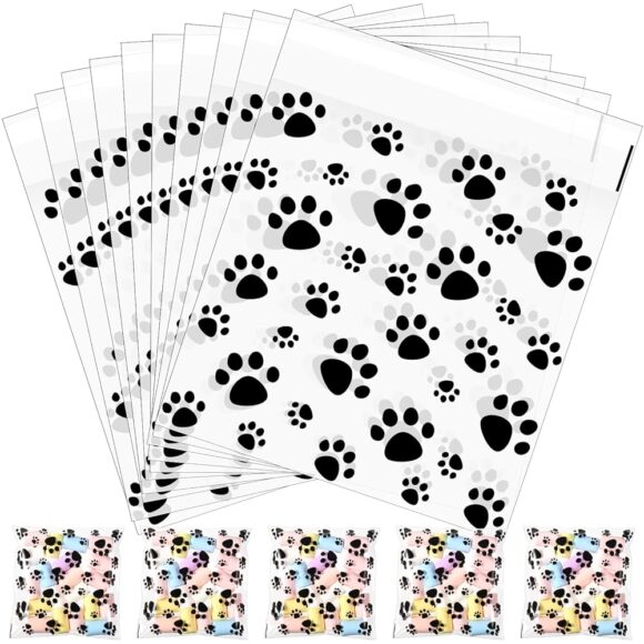 200 Pcs Paw Print Plastic Bags for Pet Party Treats and Decor