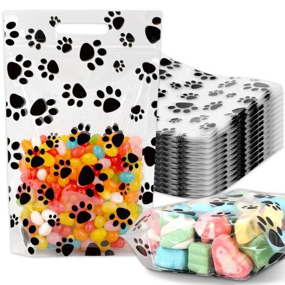 50Pcs Black Dog Paw Zip Lock Bags for Party Favors and Treats