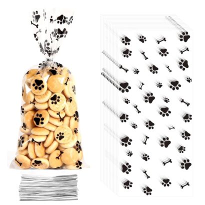 60 PCS Clear Plastic Dog Paw Treat Bags for Parties and Favors