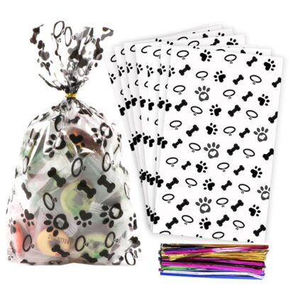 Coqofa 100 Pcs Dog Paw Bone Treat Bags for Pet Party Favors