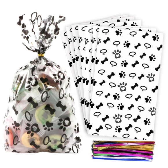 Coqofa 100 Pcs Dog Paw Bone Treat Bags for Pet Party Favors