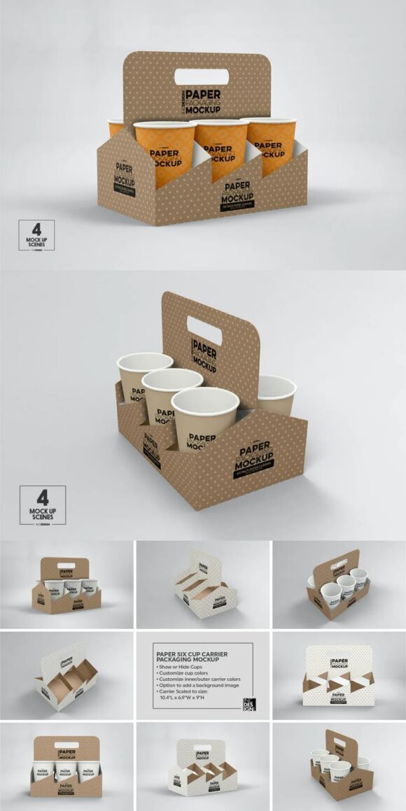 Creative Mockups for Paper Six Cup Carrier Packaging Designs