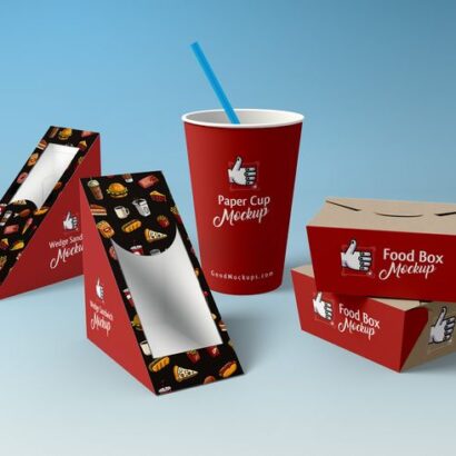 Free Mockup PSD: Sandwich, Food Box, and Paper Cup Packaging