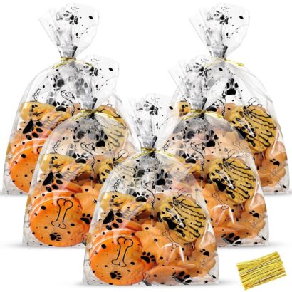 HESTYA 50 Pack Clear Dog Paw Treat Bags for Pet Parties & Gifts