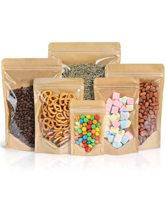 Versatile 100 PCS Stand Up Pouches: Stylish Kraft Bags with Clear Window