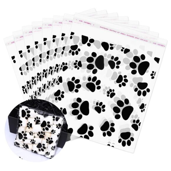 Waline 300 Pcs Black Paw Print Treat Bags for Pet Parties